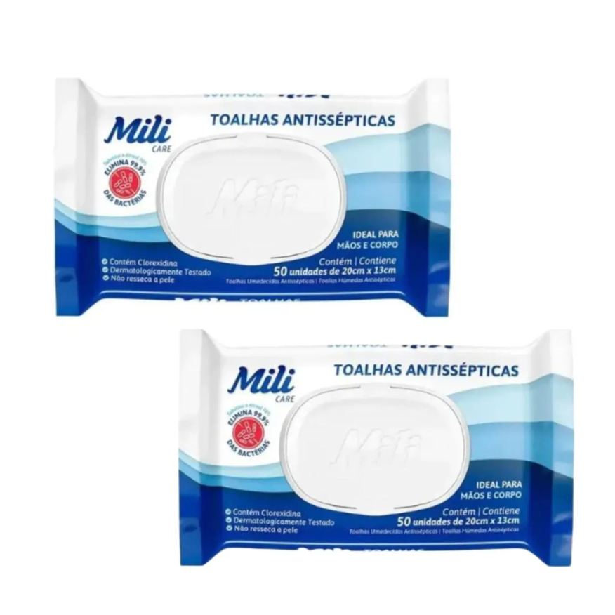 Mili Kit C2 Toalhas Umedecidas Antissépticas Higiene e Praticidade C50