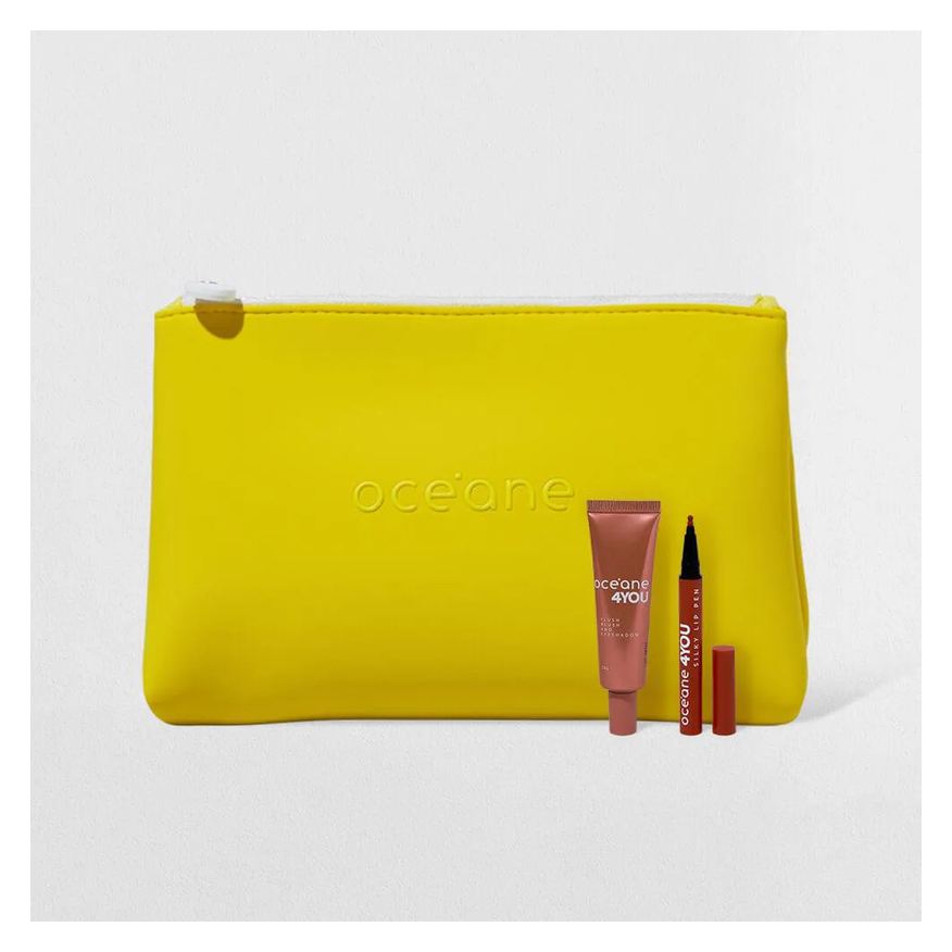 Océane Kit Caneta Batom Nude + Blush Líquido Coral + Nécessaire Neoprene Amarelo 4you (3 Produtos)