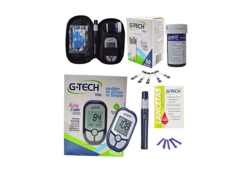 G-tech Kit Medidor de Glicose Vita Combo Completo com 60 Tiras + 110 Lancetas + Caneta Lancetadora