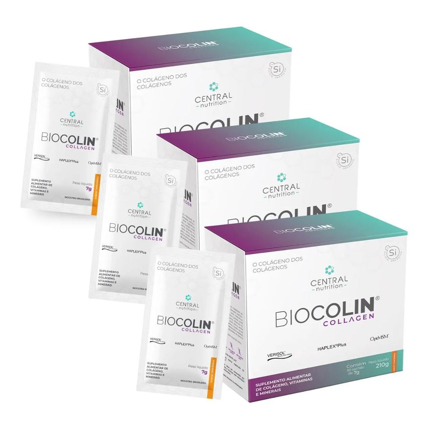 Central Nutrition Kit 3 Biocolin Collagen Colágeno Verisol 30Sachê Tangerina