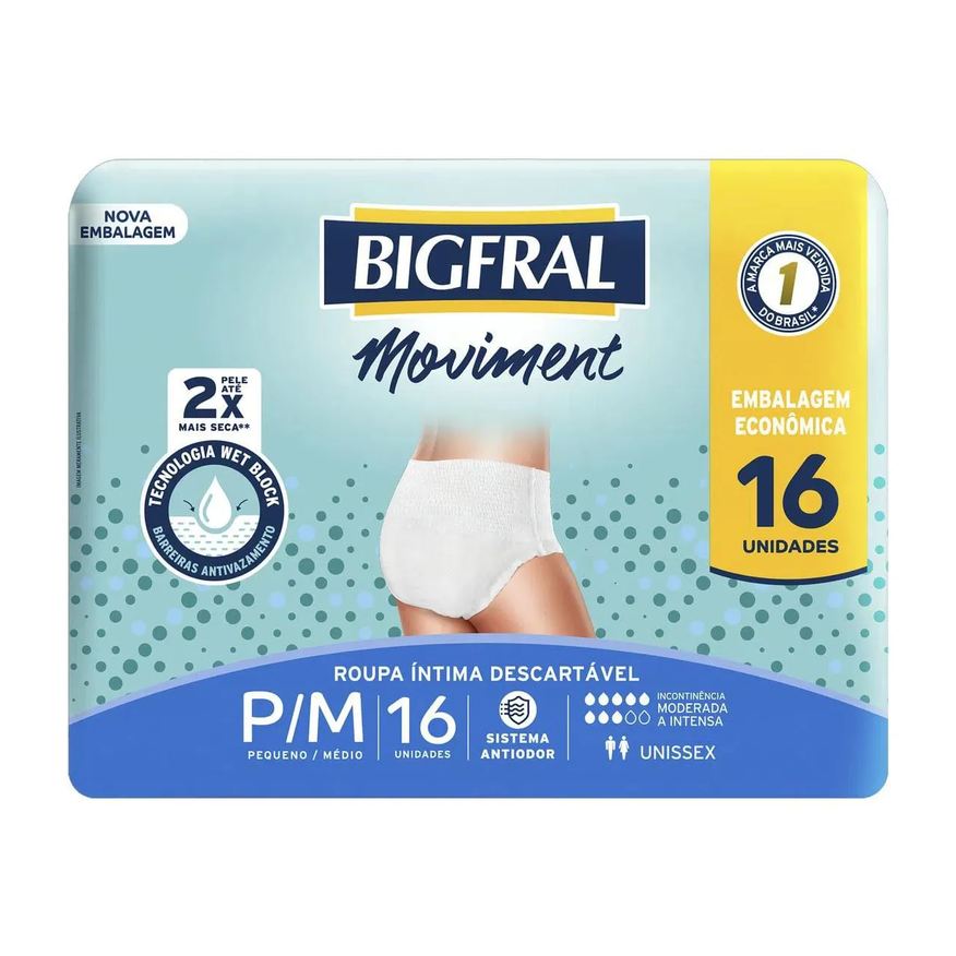 Bigfral Roupa Íntima Moviment Unissex - Tamanho P/M - 16 unidades