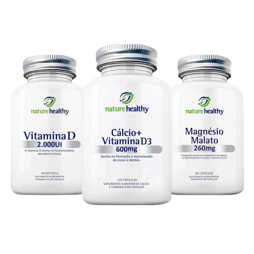 Nature Healthy Kit Ossos - 1 Cálcio 600mg 120 Cápsulas + 1 Magnésio Malato 260mg 60 Cápsulas + 1 Vitamina D3 2000ui 60 Cápsulas