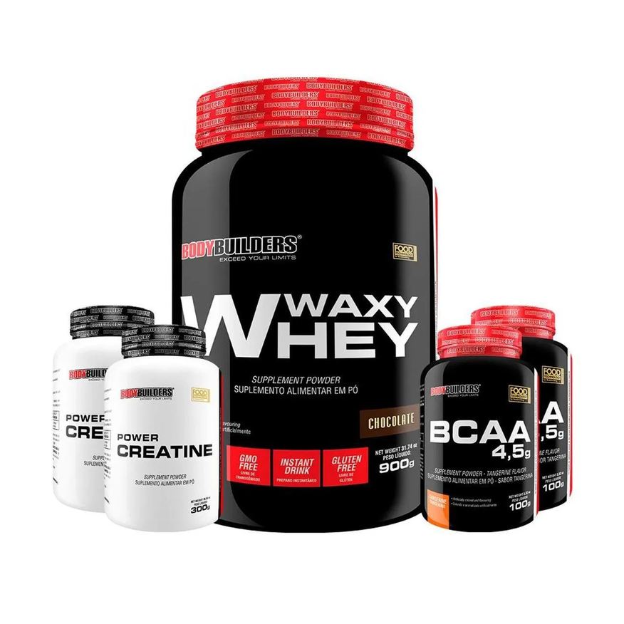 Bodybuilders Kit Whey Protein Waxy Whey Pote 900g + 2x Bcaa 100g + 2x Power Creatina 100g - Kit para Ganho de Massa Muscular - Chocolate