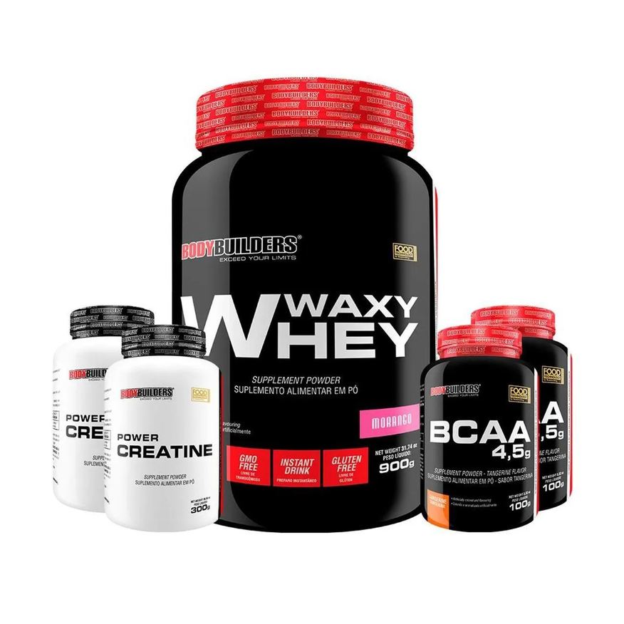 Bodybuilders Kit Whey Protein Waxy Whey Pote 900g + 2x Bcaa 100g + 2x Power Creatina 100g - Kit para Ganho de Massa Muscular - Morango