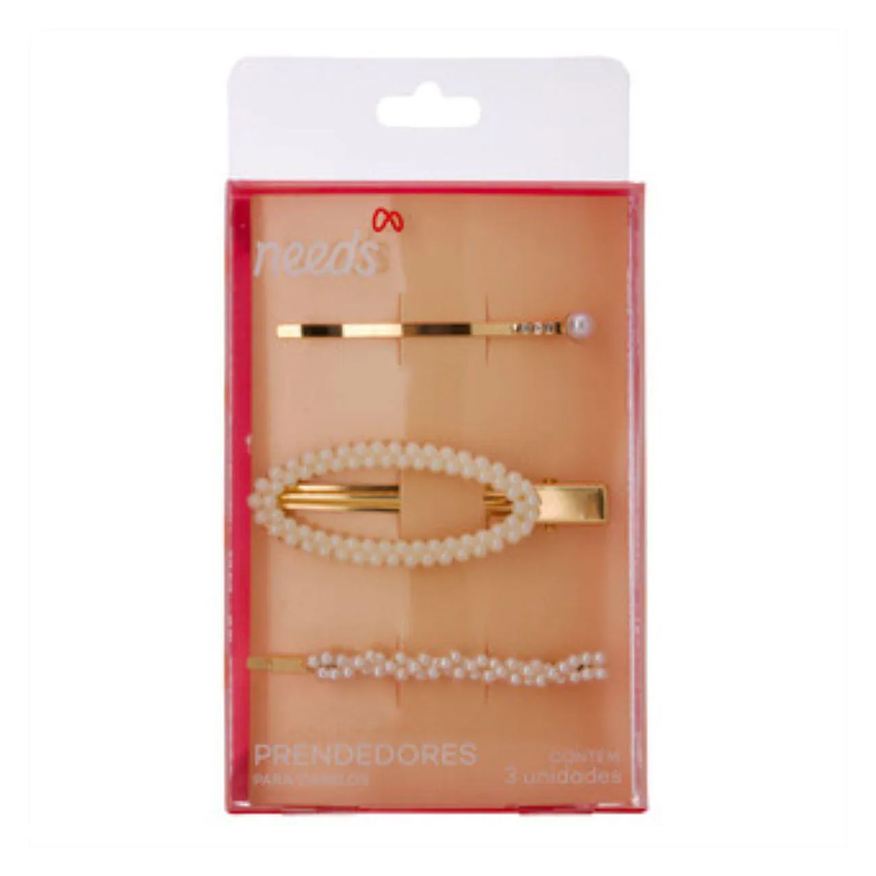Needs Prendedor de Cabelo Dourado com Pérola 3 unidades