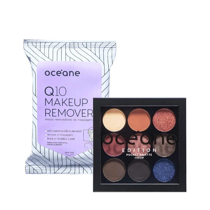 Océane Kit Q10 Makeup Lenço Demaquilantee e Pocket Palette Casual Paleta de Sombras (2 Produtos)
