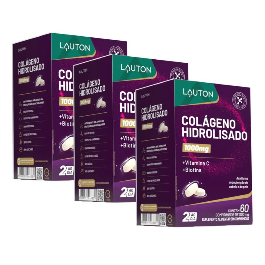 Lauton Kit 3x Colágeno Hidrolisado com Vitamina C e Biotina 60 comprimidos