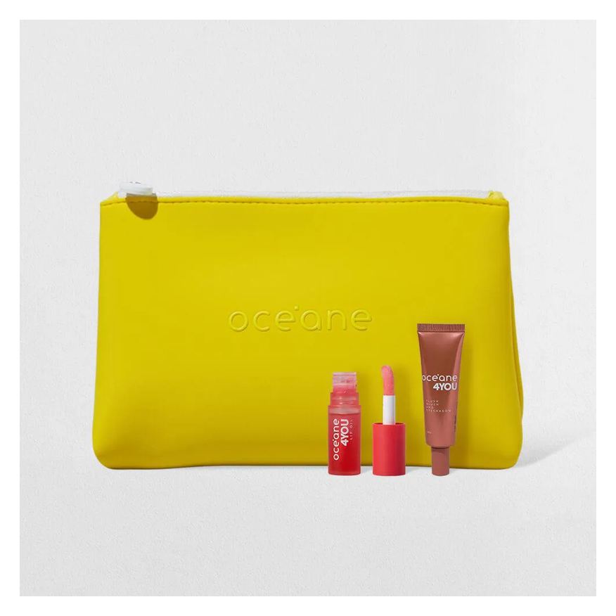 Océane Kit Lip Oil Rosa + Blush Líquido Coral + Nécessaire Neoprene Amarelo 4you (3 Produtos)