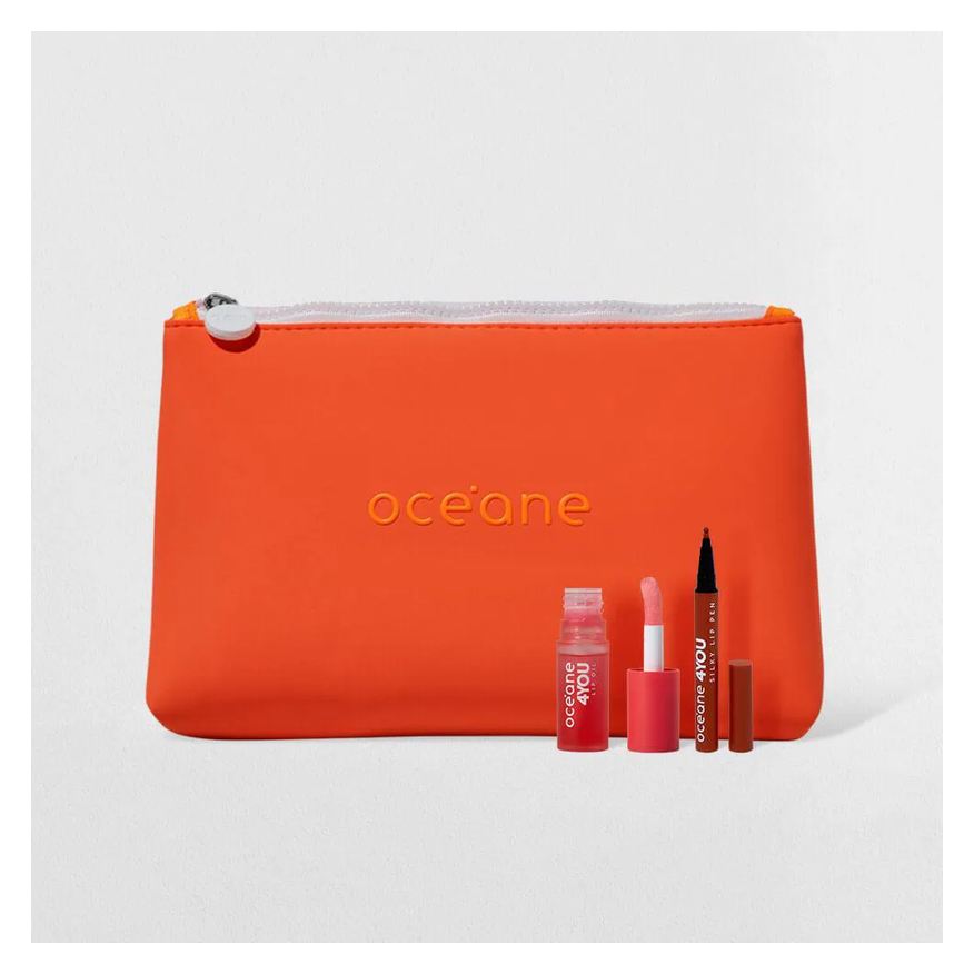 Océane Kit Lip Oil Rosa + Caneta Batom Nude + Nécessaire Neoprene Laranja 4you (3 Produtos)