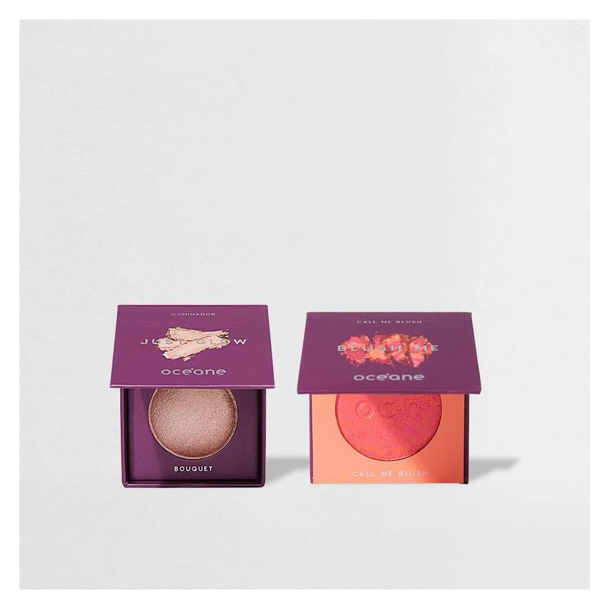 Océane Kit Blush Laranja Call Me + Just Glow Iluminador Bouquet Rosa Purple (2 Produtos)