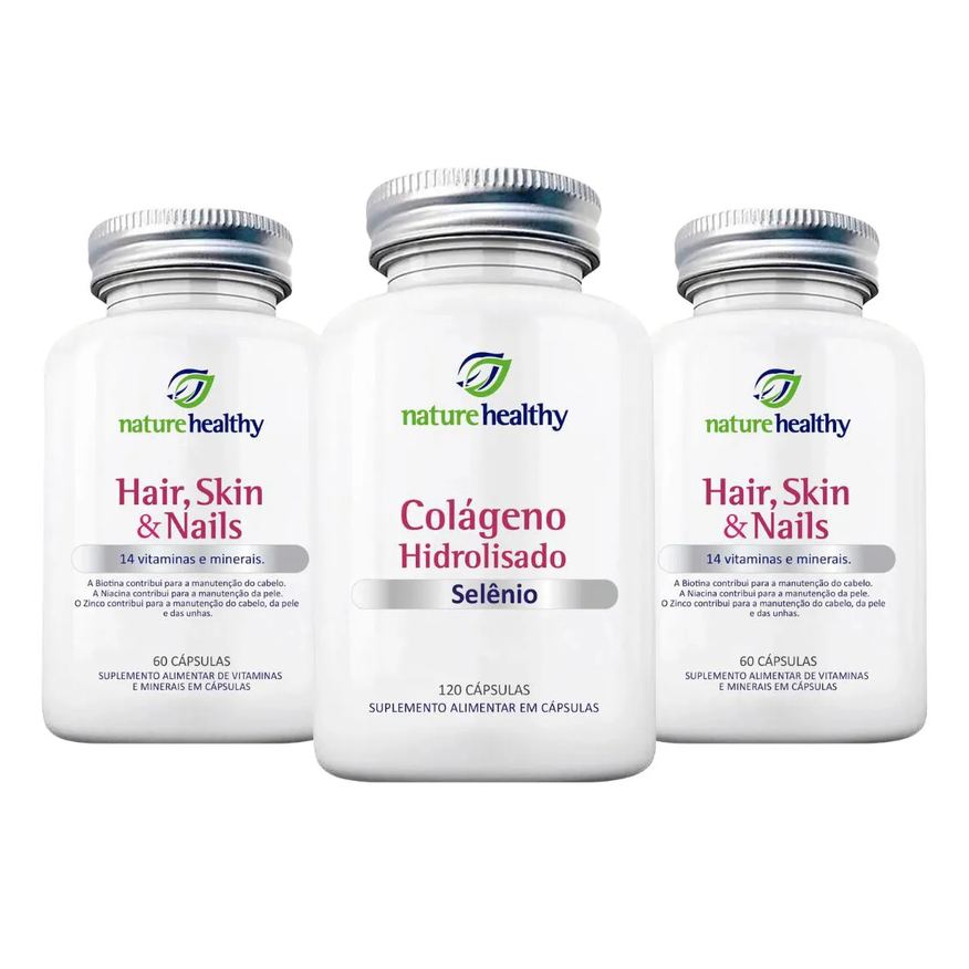 Nature Healthy Kit Cabelos - 2 Hair, Skin & Nails 60 cápsulas + 1 Colágeno Hidrolisado 400mg com Selenio 120 cápsulas