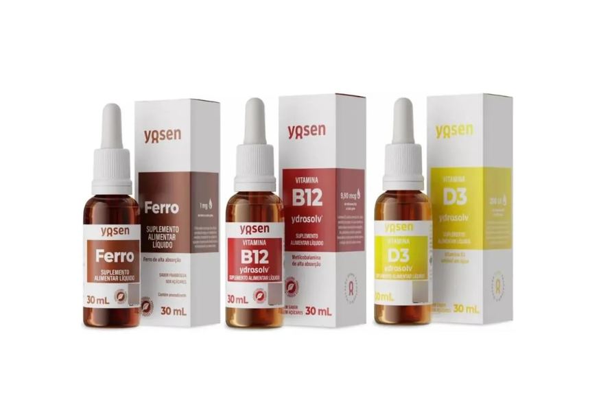 Yosen Kit 3x Ferro Bisglicinato + Vitaminas B12 + Vitamina D3 Líquido 30ml Cada