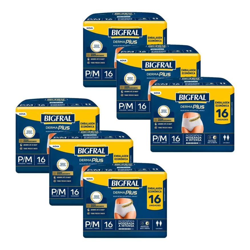 Bigfral Kit 6 Roupas Íntima Pants Derma Plus P/m com 16un Cada