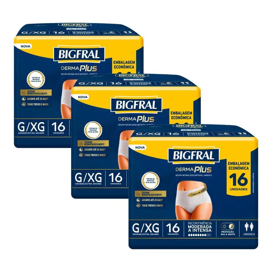 Bigfral Kit 3 Roupas Íntima Pants Derma Plus G/ex com 16un Cada