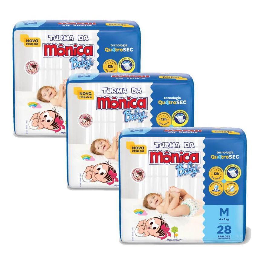 Turma da Mônica Baby Kit 3 Fraldas Jumbo M com 28un Cada