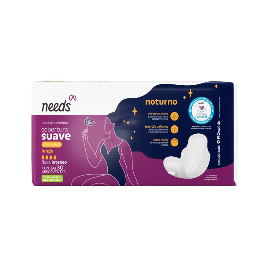 Needs Absorvente Noturno Cobertura Suave com Abas 30 Unidades