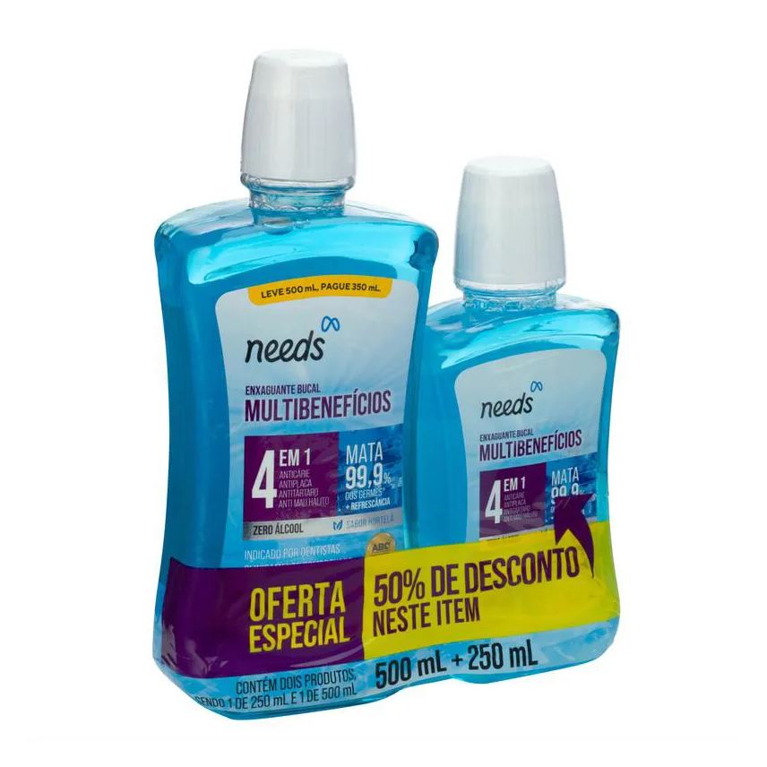 Needs Enxaguante Bucal 4 em 1 Hortelã Sem Álcool 500ml + 250ml