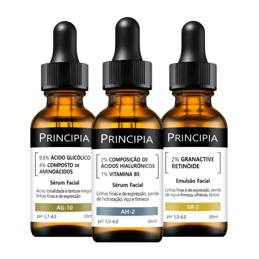 Principia Kit 3 Séruns Glicólico + Hialurônicos + Retinóide
