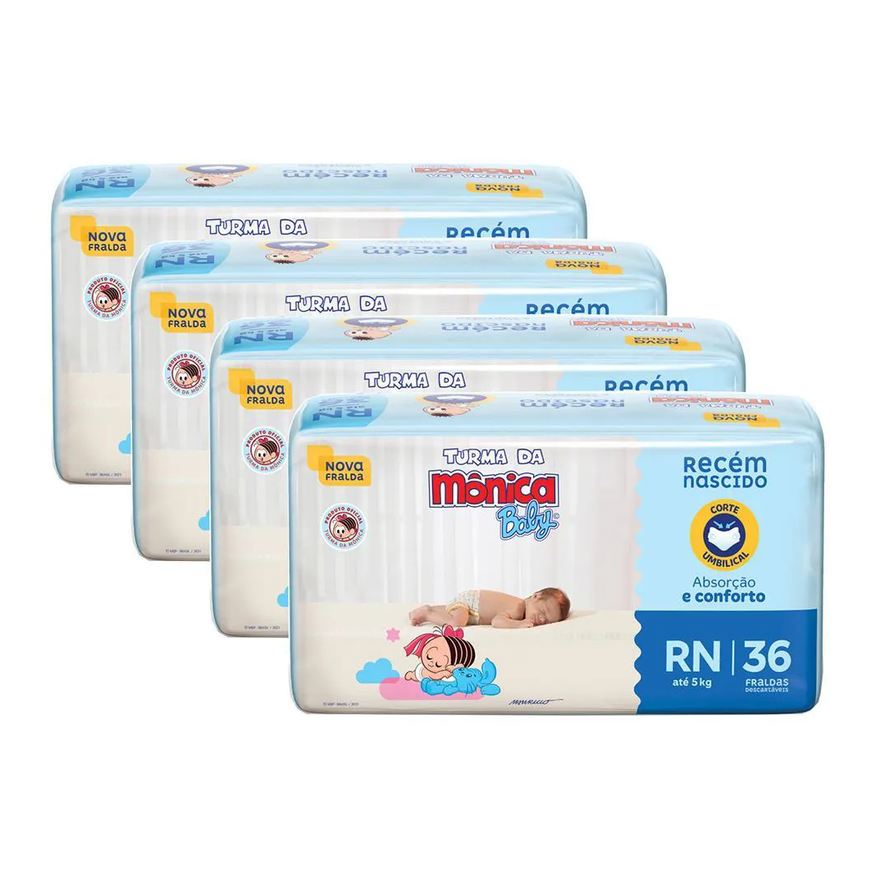 Turma da Mônica Baby Kit 4 Fraldas Jumbo Rn com 36un Cada
