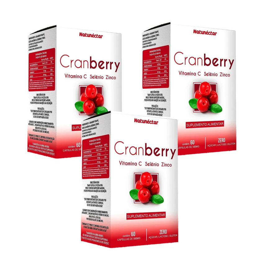 Natunéctar 3x Cranberry + Vitamina C + Selênio + Zinco - 60 Cápsulas. 500mg