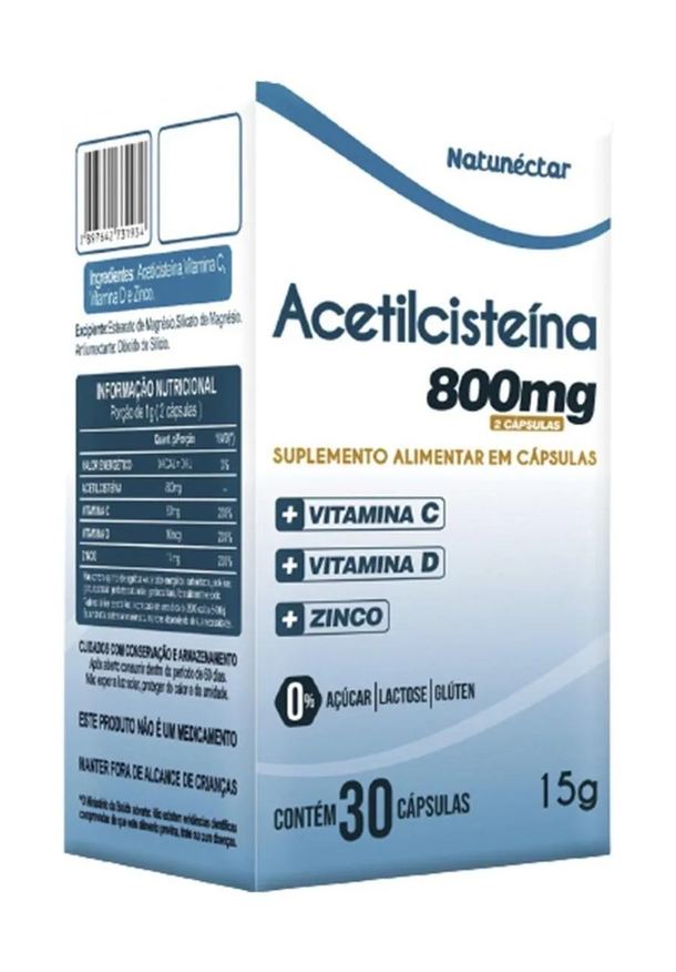Natunéctar Acetilcisteína - Nac - 30 Cápsulas. - 800mg - Vitamina C D e Zinco