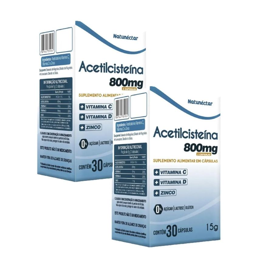 Natunéctar 2x Acetilcisteína - Nac - 30 Cápsulas. - 800mg - Vitamina C D e Zinco