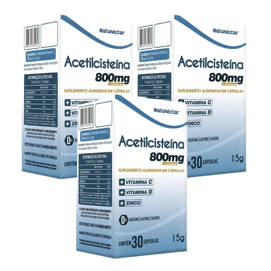 Natunéctar 3x Acetilcisteína 800mg + Vitamina C + Vitamina D + Zinco 30 Cápsulas