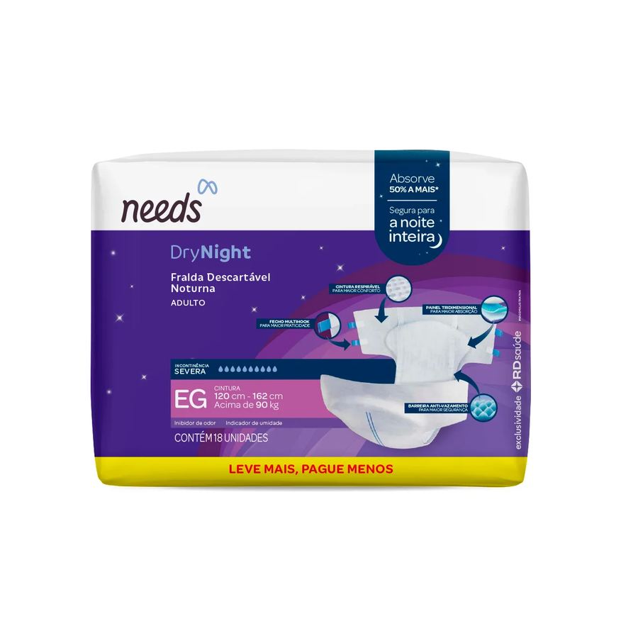 Needs Fralda Geriátrica Noturna Descartável Drynight Adulto EG 18 unidades