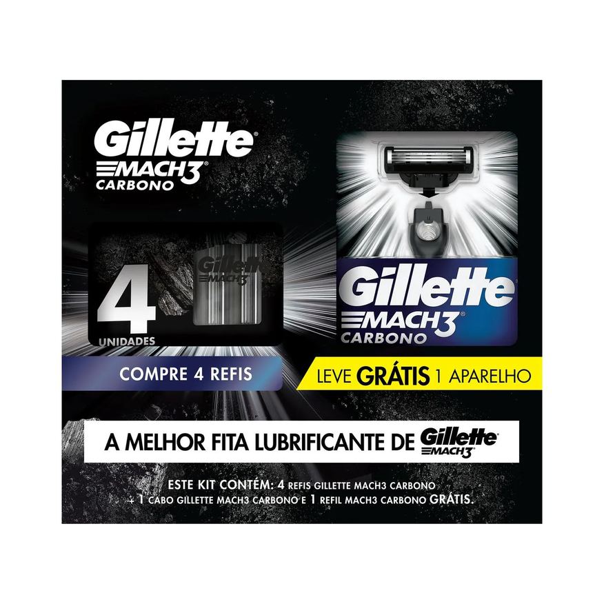 Gillette Kit Aparelho de Barbear Descartável Mach3 Carbono Carvão Ativado + 4 Refis