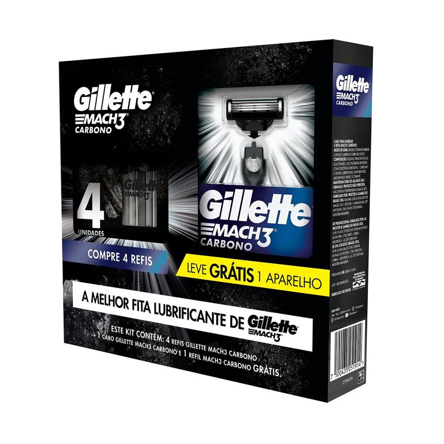 Gillette Kit Aparelho de Barbear Descartável Mach3 Carbono Carvão Ativado + 4 Refis