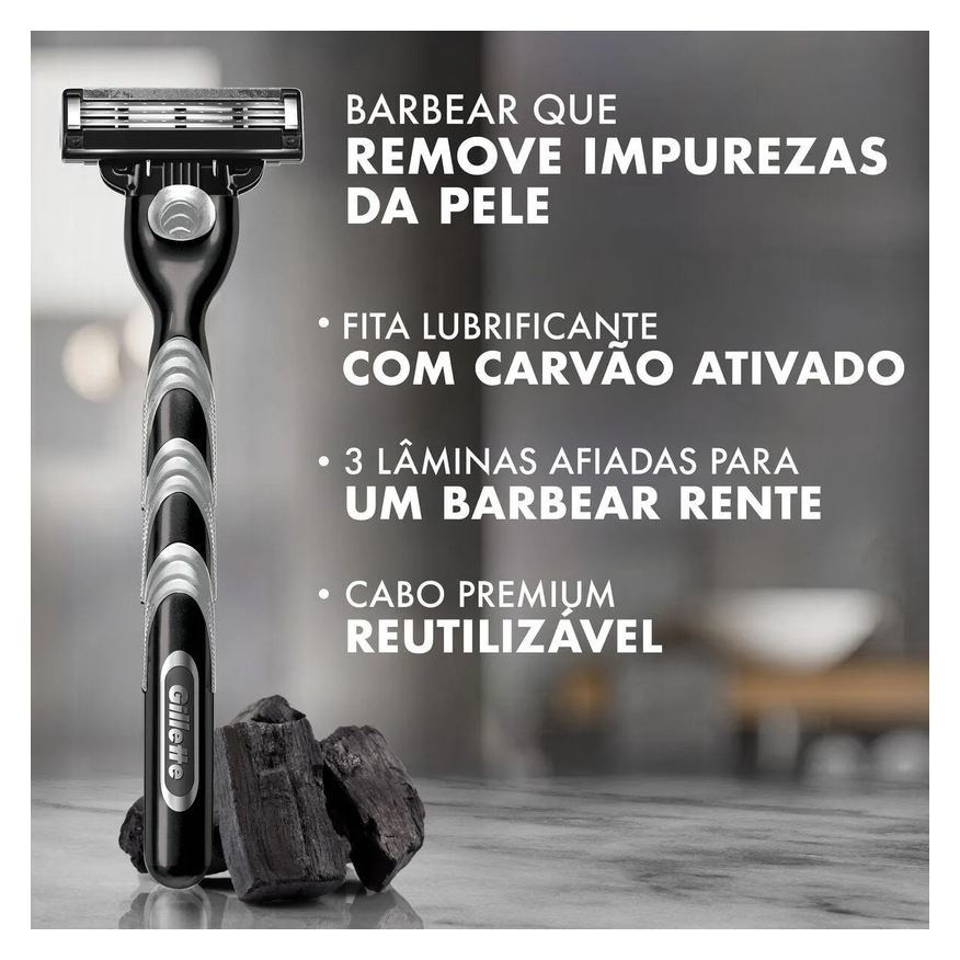 Gillette Kit Aparelho de Barbear Descartável Mach3 Carbono Carvão Ativado + 4 Refis