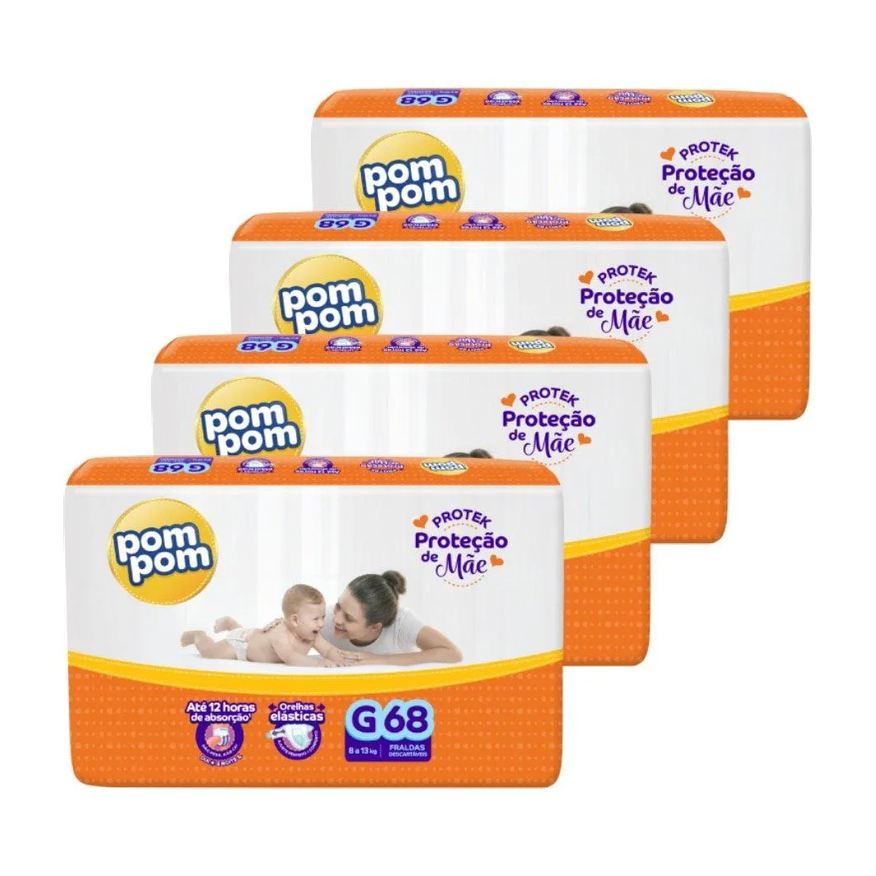 Pom Pom Fralda Descartável Derma Protek Tamanho G - 4 Pacotes com 68 Fraldas - Total 272 Tiras