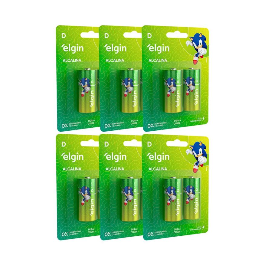 12 Kit Pilha Alcalina D Lr20 Grande Blister 6 Cartela Elgin