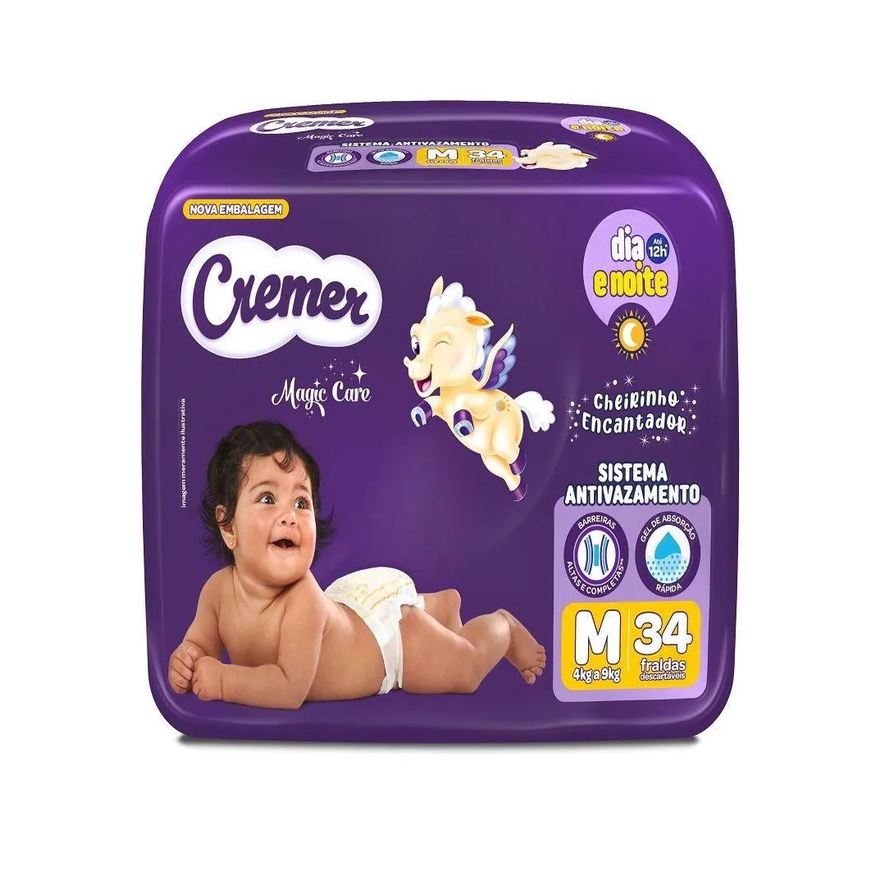 Cremer Fralda Descartável Magic Care Econômica Tamanho M - 8 Pacotes com 34 Fraldas - Total 272 Tiras