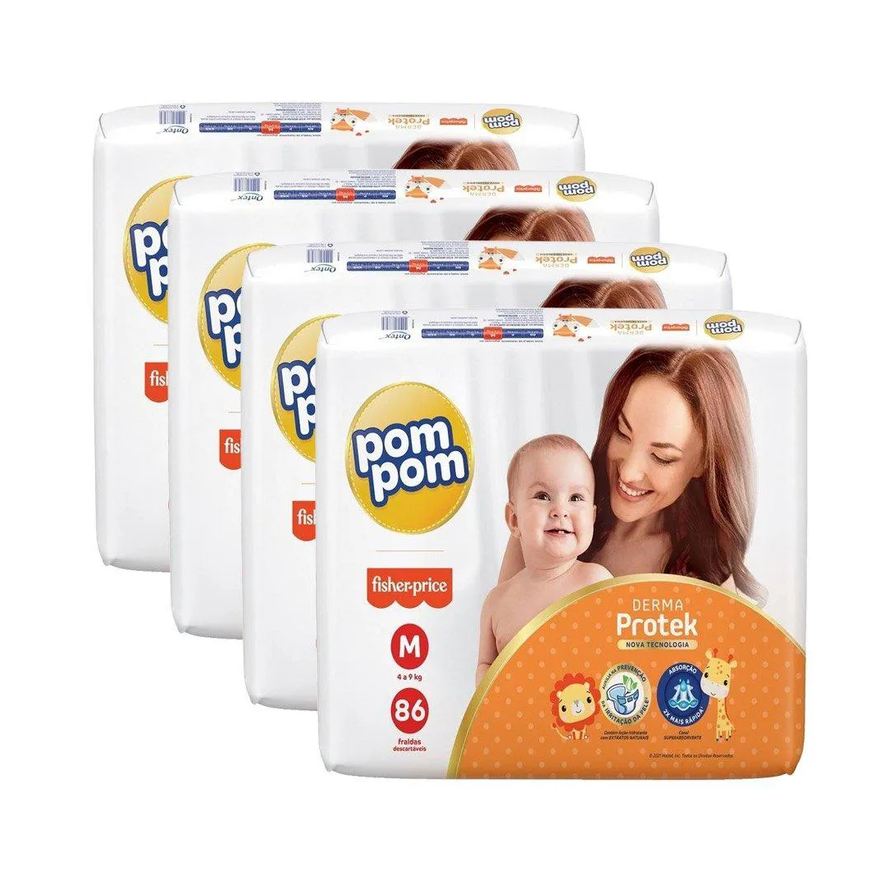Pom Pom Fralda Descartável Derma Protek Hiper Tamanho M - 4 Pacotes com 86 Fraldas - Total 344 Tiras