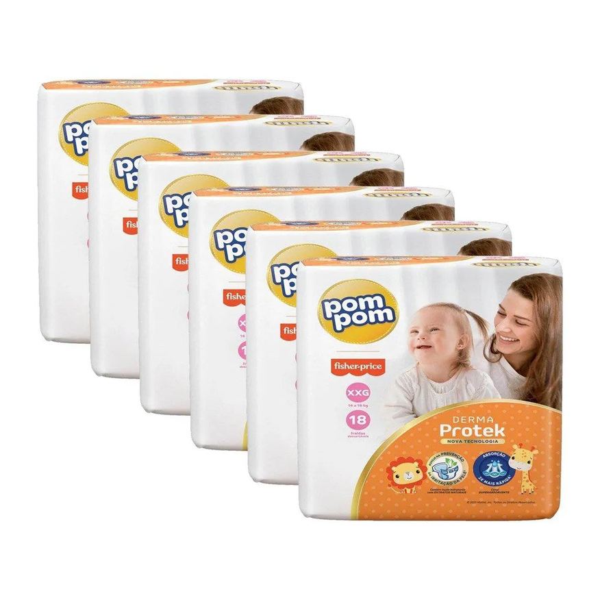 Pom Pom Fralda Descartável Derma Protek Jumbo Tamanho Xxg - 6 Pacotes com 18 Fraldas - Total 108 Tiras
