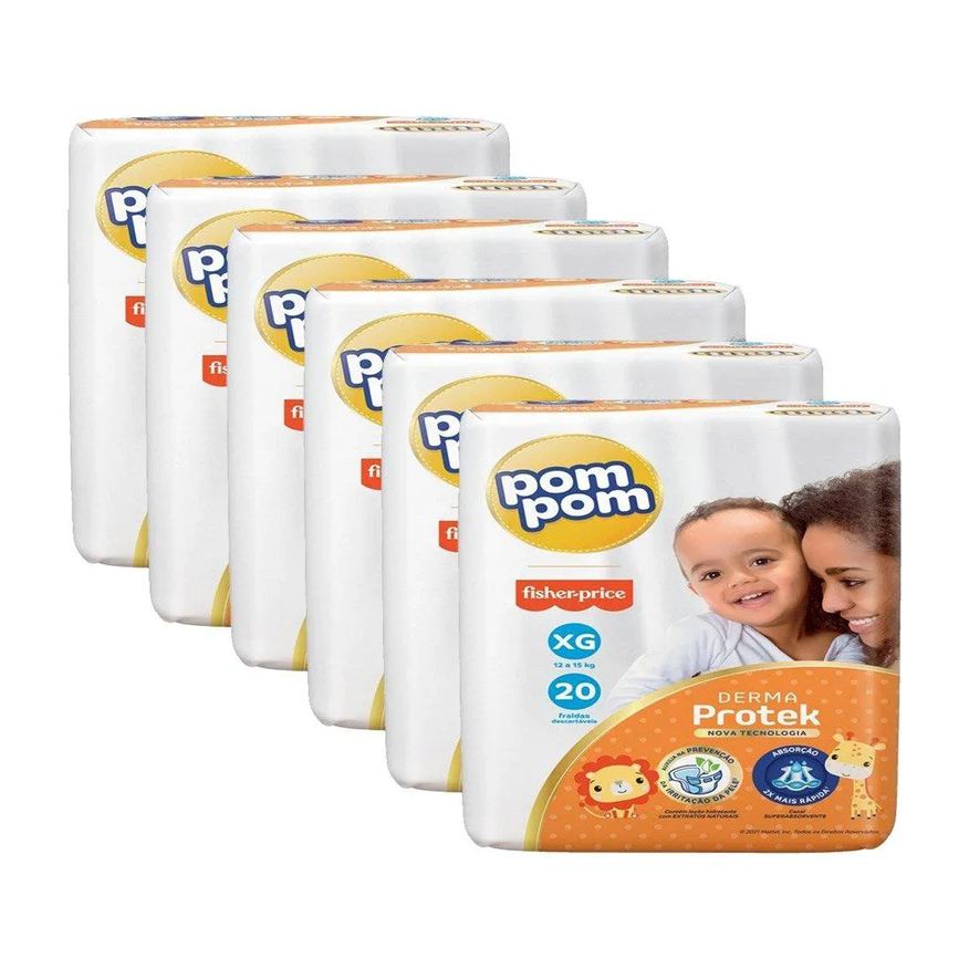 Pom Pom Fralda Descartável Derma Protek Jumbo Tamanho Xg - 6 Pacotes com 20 Fraldas - Total 120 Tiras