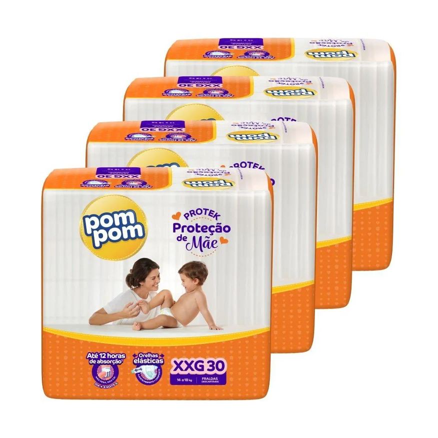 Pom Pom Fralda Descartável Derma Protek Tamanho Xxg - 4 Pacotes com 30 Fraldas - Total 120 Tiras