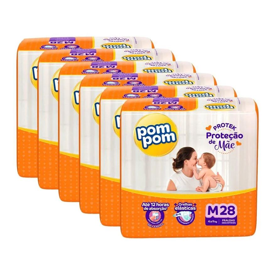 Pom Pom Fralda Descartável Derma Protek Jumbo Tamanho M - 6 Pacotes com 28 Fraldas - Total 168 Tiras