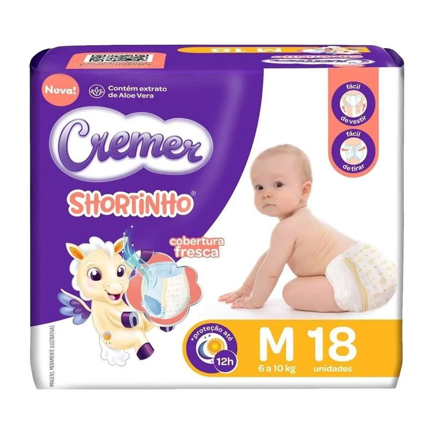 Cremer Fralda Descartável Shortinho Jumbinho Tamanho M - 8 Pacotes com 18 Fraldas - Total 144 Tiras