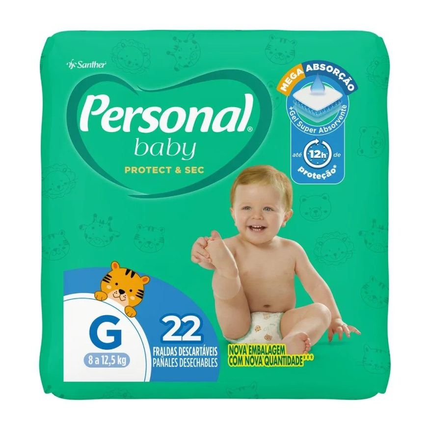 Personal Fralda Descartável Soft & Protect Jumbo Tamanho G - 12 Pacotes com 22 Fraldas - Total 264 Tiras