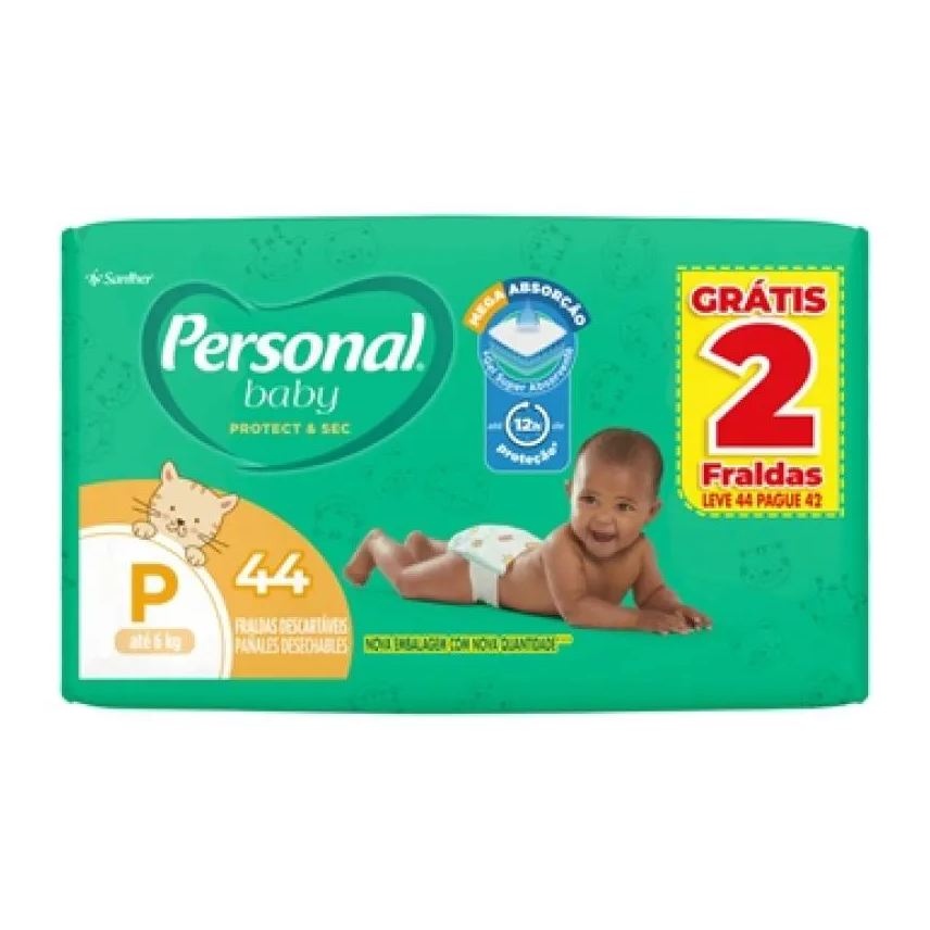 Personal Fralda Descartável Soft & Protect Mega Tamanho P - 9 Pacotes com 44 Fraldas - Total 396 Tiras
