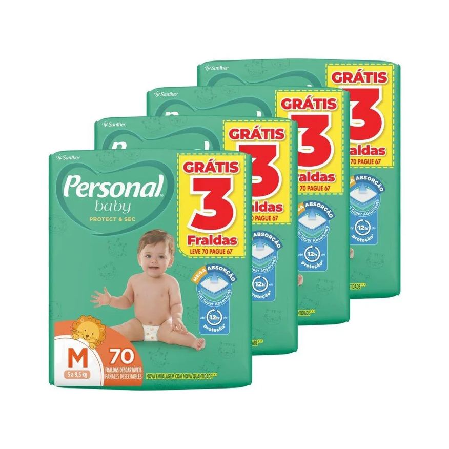 Personal Fralda Descartável Soft & Protect Hiper Tamanho M - 4 Pacotes com 70 Fraldas - Total 280 Tiras