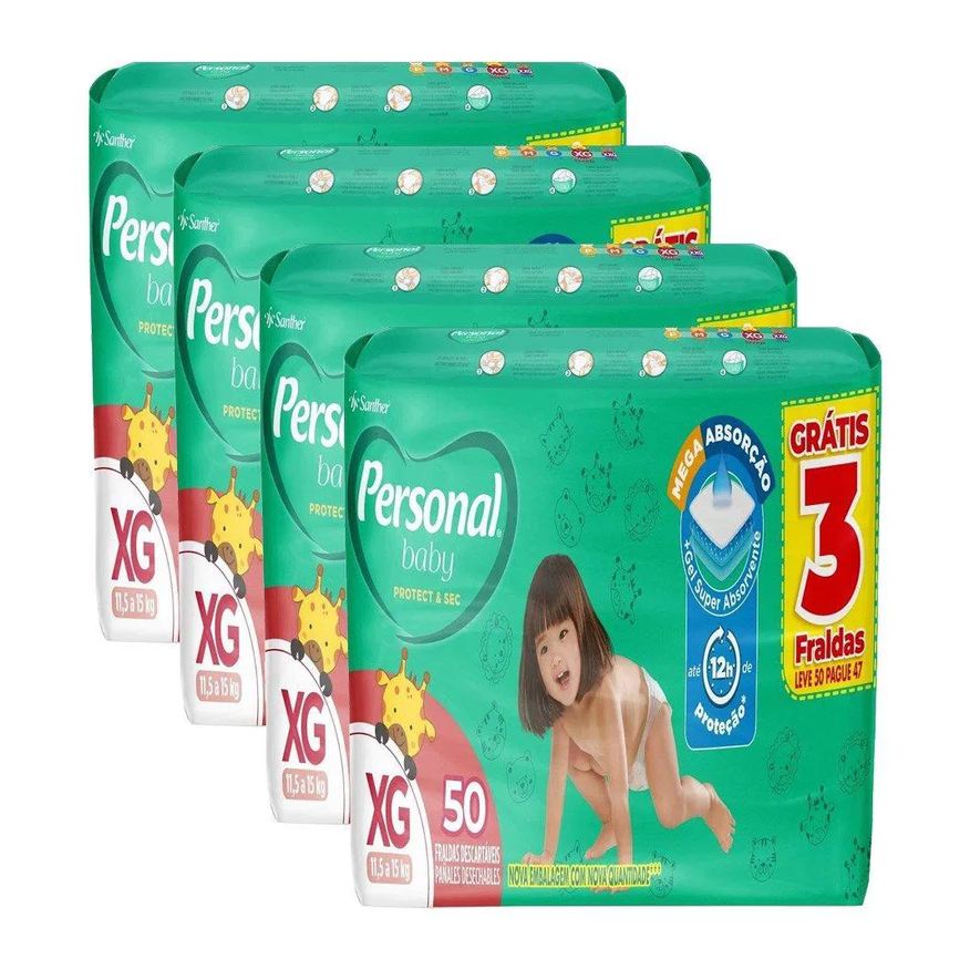 Personal Fralda Descartável Soft & Protect Hiper Tamanho Xg - 4 Pacotes com 50 Fraldas - Total 200 Tiras