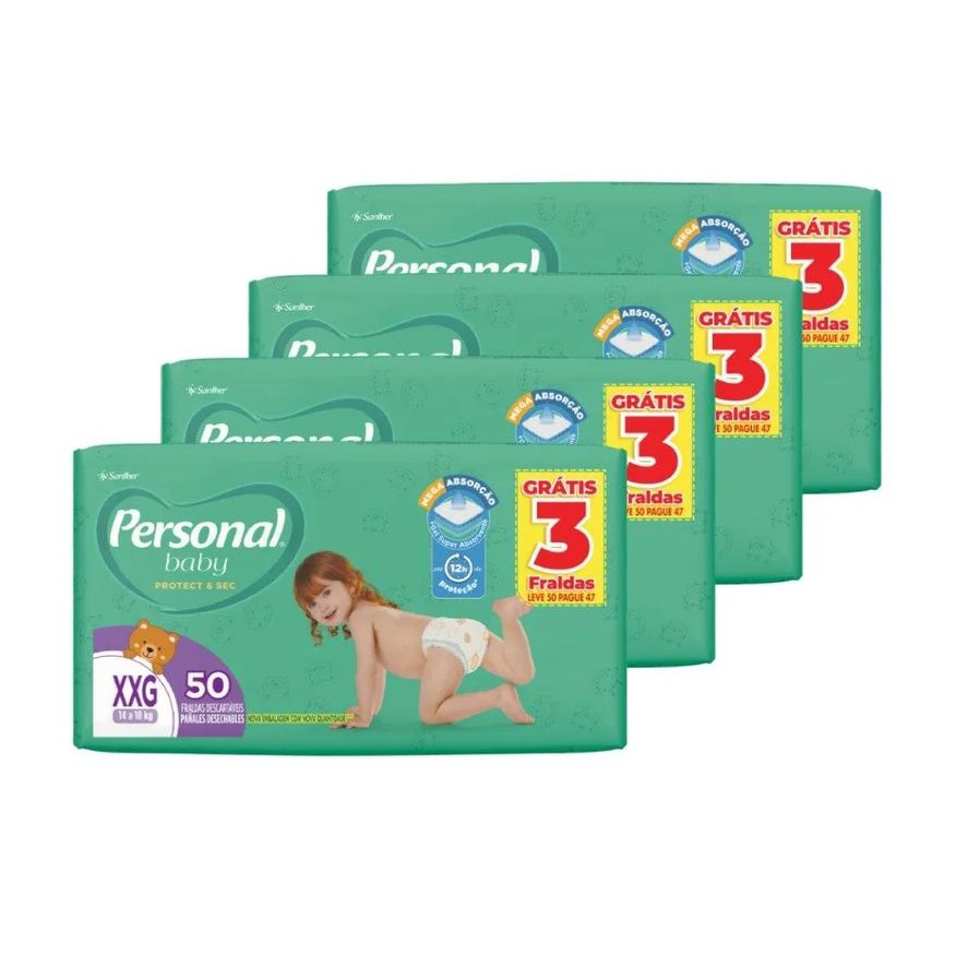 Personal Fralda Descartável Soft & Protect Hiper Tamanho Xxg - 4 Pacotes com 50 Fraldas - Total 200 Tiras