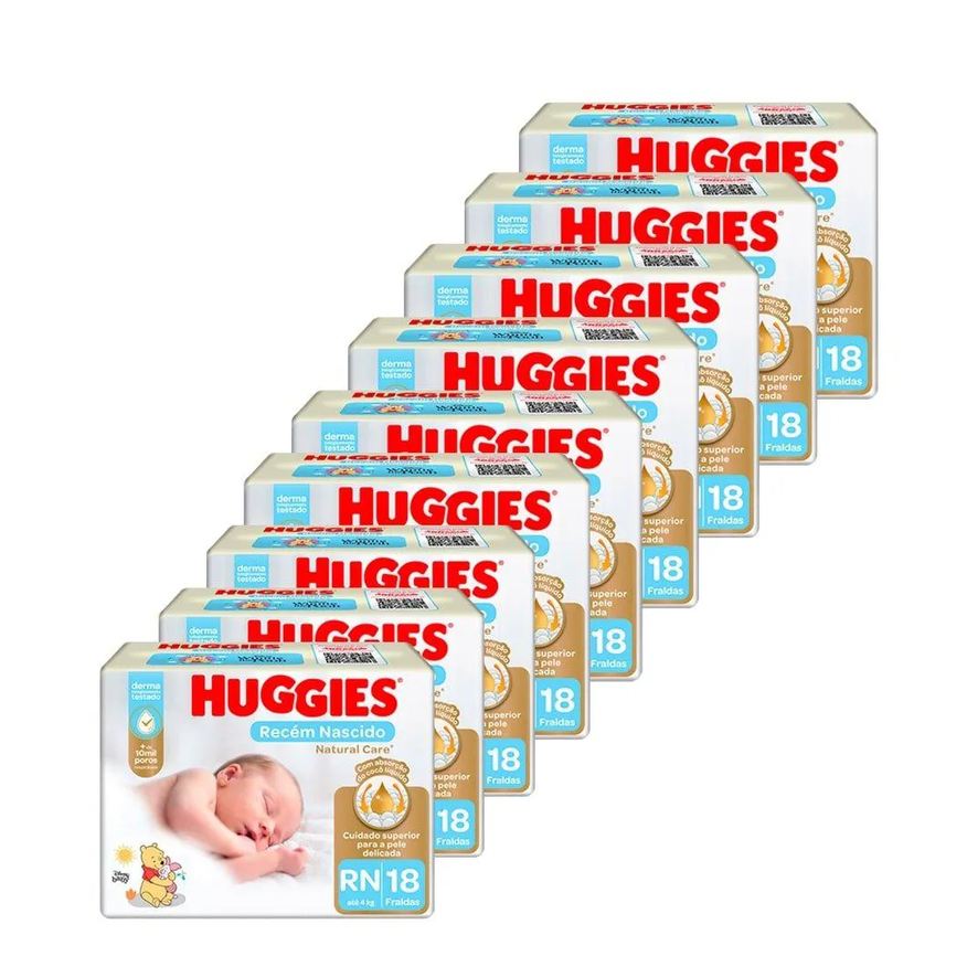 Huggies Fralda Descartável Natural Care | Recém Nascido, 9 Pacotes com 18 Fraldas - Total 162 Tiras