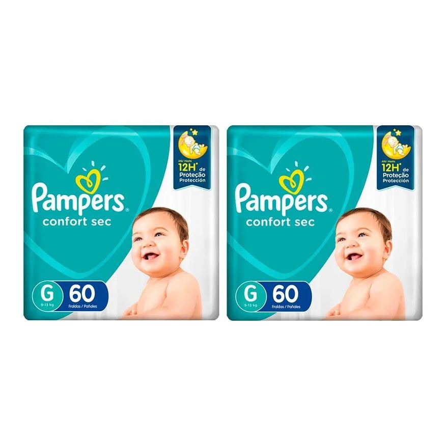 Pampers Fralda Descartável Confort Sec Super Tamanho G - 2 Pacotes com 60 Fraldas - Total 120 Tiras