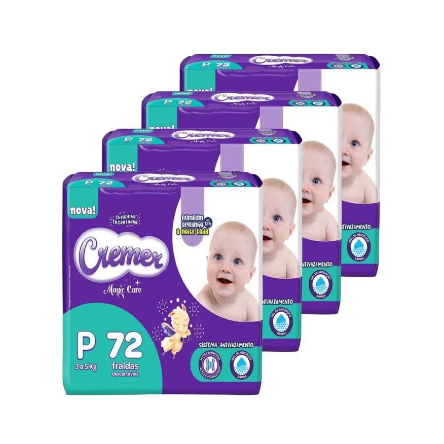 Cremer Fralda Descartável Magic Care Tamanho P - 4 Pacotes com 72 Fraldas - Total 288 Tiras