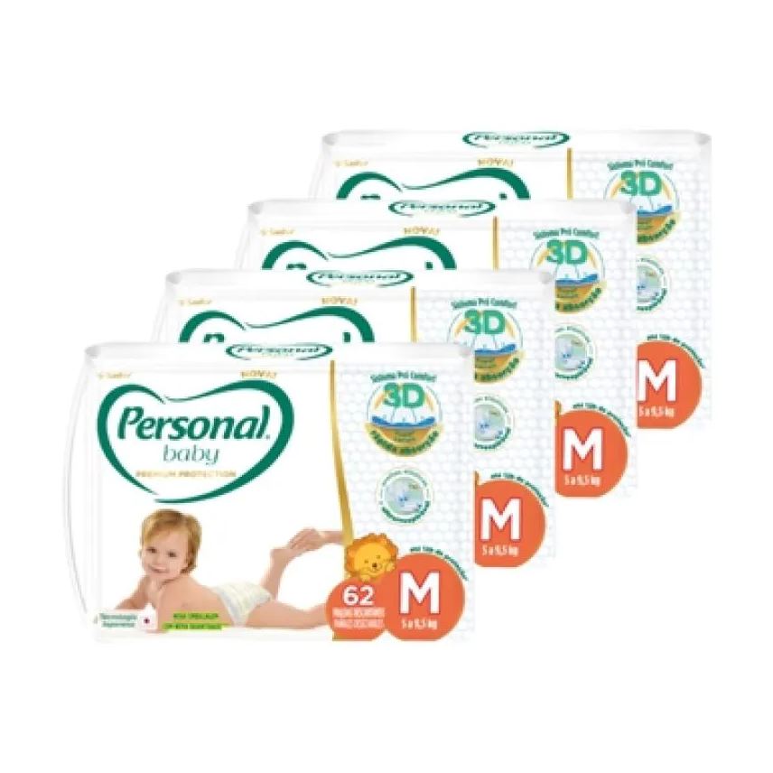 Personal Fralda Descartável Premium Hiper Media - 4 Embalagens com 62 Fraldas - Total de 248 Tiras