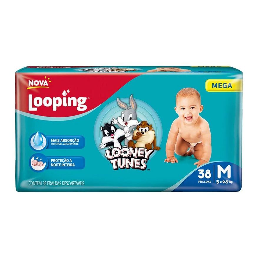 Babysec Fralda Descartável Looping Looney Tunes Mega Média - 6 Pacotes com 38 Fraldas - Total 228 Tiras